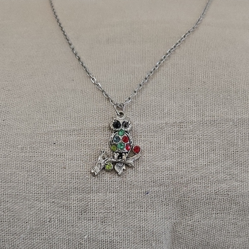Silver Owl Pendant Necklace with Multicolor Gems